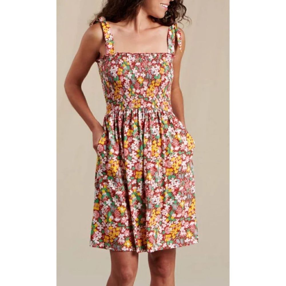 TOAD & CO GEMINA SLEEVELESS DRESS sz M in brick red garden print shirted tube